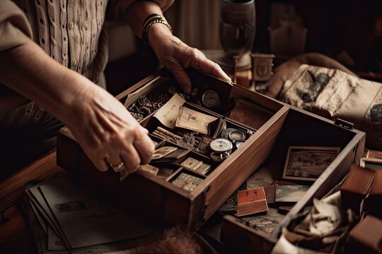 person, sifting through old boxes of treasures and mementos, finding new meaning in them, created with generative ai