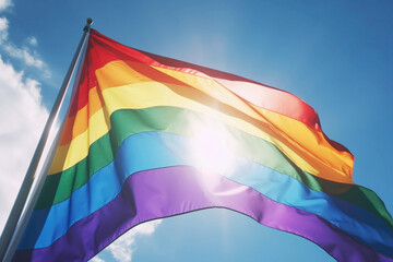 AI generative.  Pride rainbow lgbt gay flag  against a blue sky.