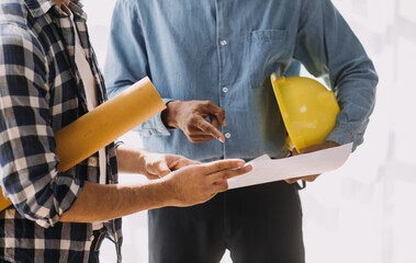 Architectural Office desk background construction project ideas concept, With drawing equipment with mining light