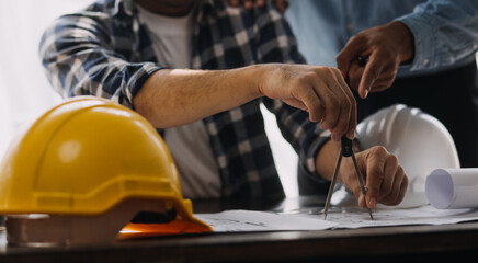 Architectural Office desk background construction project ideas concept, With drawing equipment with mining light