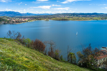 View from the hill on Lake Maggiore, sailboats and mountains
