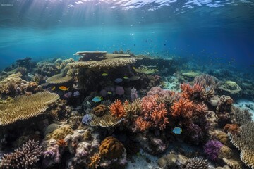 Fototapeta na wymiar colorful tropical reef, with schools of fish and coral reefs, created with generative ai