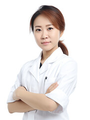 Asian female young nurse with her arms crossed on a white background, generative ai