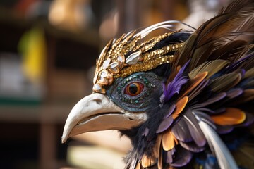 pigeon head mask with feathers and beads in mardi gras parade, created with generative ai