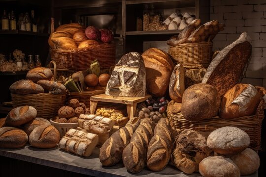 display of variety of artisan breads, each one unique and special in its own way, created with generative ai