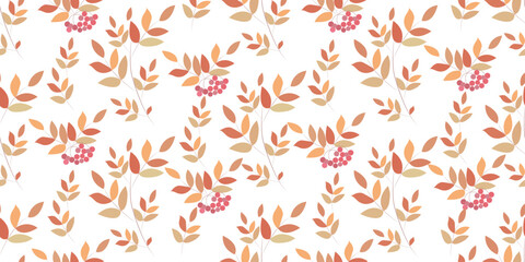 Seamless botanical background with autumn leaves and rowan branches. Great for printing on fabric and paper.