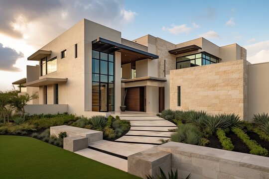 modern mediterranean home with sleek and minimalist exterior design, featuring natural stone accents and eco-friendly landscaping, created with generative ai