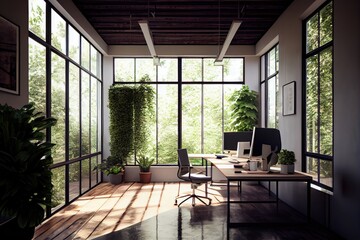 office with windows and natural light, surrounded by greenery, created with generative ai