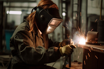 Female worker is welding metalparts