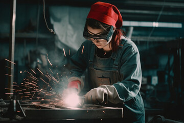 Female worker is welding metalparts