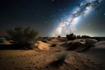 night sky, with stars and the moon shining over hot desert sands, created with generative ai