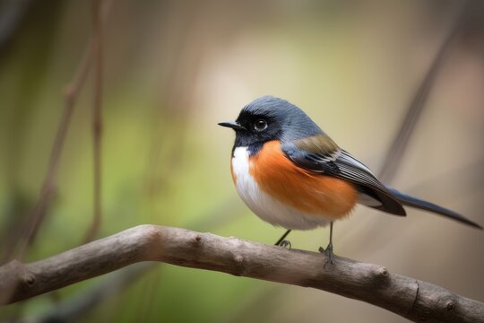 male redstart bird on twig, with bushy tail and colorful feathers in view, created with generative ai