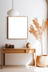 The blank photo frame is hung on a plain white wall, creating a minimalist look