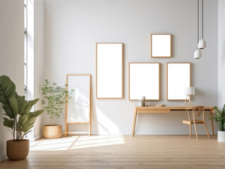 The blank photo frame is hung on a plain white wall, creating a minimalist look