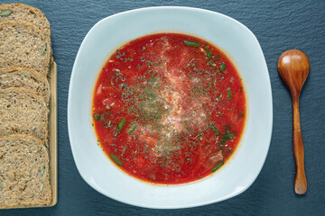 Ukrainian cuisine. Borscht, traditional red beetroot soup