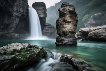 natural rock formation with waterfall on the background, created with generative ai
