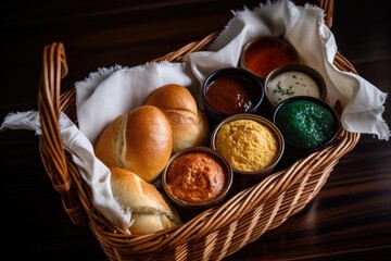 basket of warm bread rolls and spreads, created with generative ai
