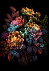 Glowing bouquet of flowers on a dark background with highlights. AI Generated