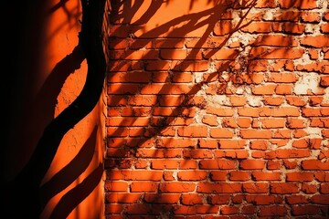 mur de briques de la maison. Fermer. Lumière du soleil et ombre des feuilles des arbres. Nuance de couleur orange brûlé. Texture de surface rugueuse. Ai générative 