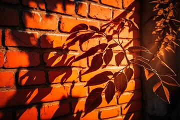 mur de briques de la maison. Fermer. Lumière du soleil et ombre des feuilles des arbres. Nuance de couleur orange brûlé. Texture de surface rugueuse. Ai générative 