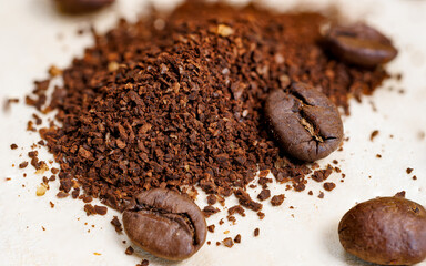 Coffee Beans and Freshly Ground Coffee Close-up