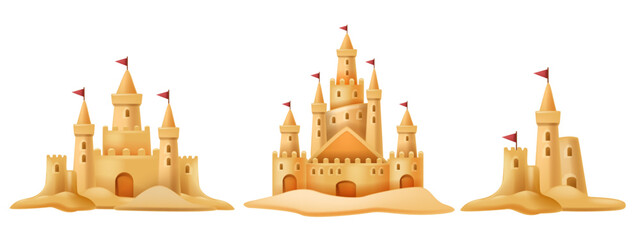 3D sand castle summer set, kids beach vacation vector building illustration, holiday sea sculpture. Cartoon travel architecture medieval house children outdoor tropical game. Sand castle shore clipart © Oleksandra