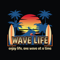 Wave Life text with surfer attraction silhouette vector illustration. For t-shirt print and other uses