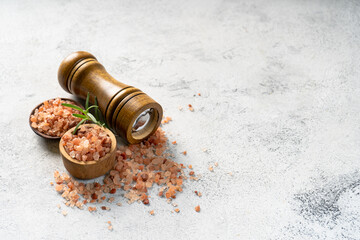 Himalayan pink salt is herb seasoning from himalaya and isolated on white abstract background with...