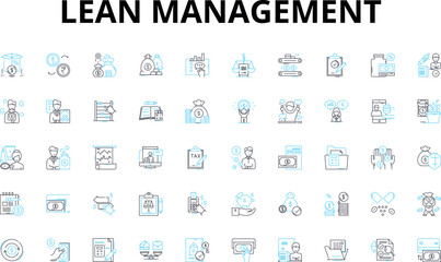 Lean Management linear icons set. Efficiency, Optimization, Kaizen, Continuous-improvement, Standardization, Streamlining, Production vector symbols and line concept signs. Quality,Waste-reduction