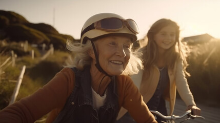 Obraz na płótnie Canvas Mother and Granddaughter cycling adventure: A mother and granddaughter riding bikes together along a sunny coastal path, showcasing their bonding and love for the outdoors - generative ai 