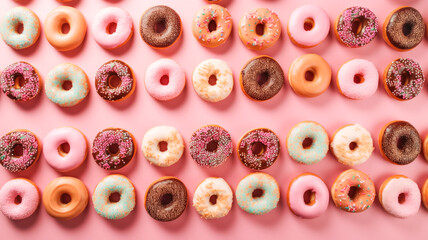 Sweet bright Donuts in various glazes and colored sprinkles lie pink background. Sweet desserts, holiday National Donut Day