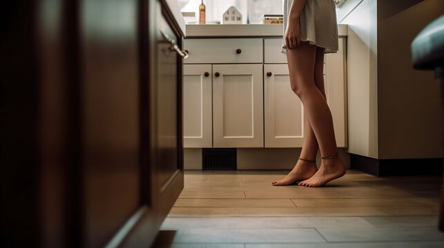 Barefoot woman near counter in kitchen, closeup, generative ai