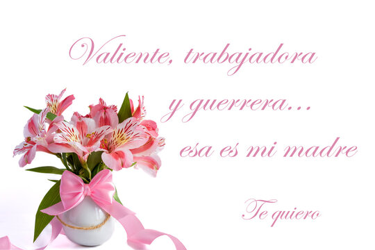 Mother's Day greeting card with a small white vase with lilies in different shades of pink with a text in Spanish that says "Brave, hard worker and warrior...that's my mother. I love you"