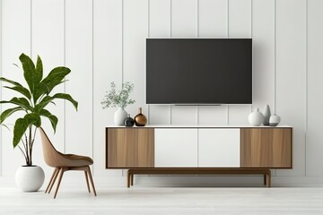 Fond de mur blanc, décor de salon moderne avec un meuble de télévision. AI générative 