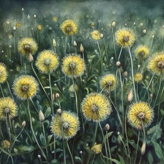 A field of dandelions in the country. Generative AI. 