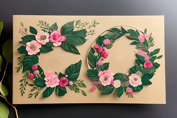 A romantic and charming greeting card with a floral or a botanical wreath