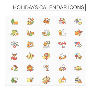 Holidays calendar color icons set. Traditional holiday is celebrated worldwide.Celebration concept. Isolated vector illustrations