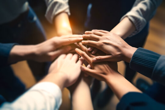 Business team putting hands together for new startup, support and motivation. Diverse businesspeople stack hands in office. teambuilding, alliance, strength, creative, Co-working, technology concept.