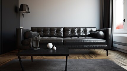 Black leather sofa where you long for every afternoon after a tiring day at work. Generative AI Technology 