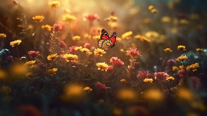 Wild flowers in spring and a butterfly. Generative AI.