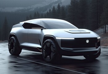 Obraz na płótnie Canvas Futurist electric SUV, Green energy transition, 2050 zero emission goal, Generative AI