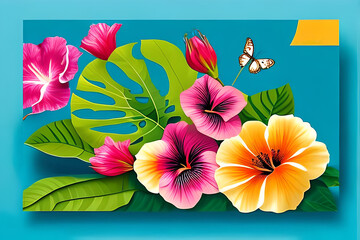 A vibrant and bold greeting card or banner with tropical or a botanical theme