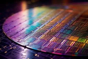 Closeup macro of silicon chip wafers, US CHINA microchip war, Generative AI
