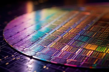 Foto op Canvas Closeup macro of silicon chip wafers, US CHINA microchip war, Generative AI © Mohammad