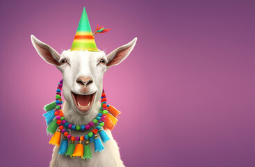Creative animal concept. goat in party cone hat necklace bowtie outfit isolated on solid pastel background advertisement, copy text space. birthday party invite invitation 