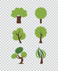 Set of flat stylized trees. Deciduous trees of different species. Side view. Vector