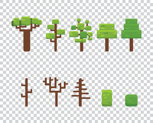 Set of original trees. Cartoon, game, trees isolated on transparent background. Flat. Vector illustration