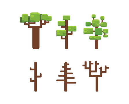 Poster with trees for minecraft game design. Set of trees on white. Flat. Vector illustration
