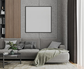 Picture frame mock up in grey modern living room with sofa and table.3d rendering