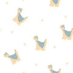 Dinosaur super hero in cape and mask seamless pattern.Hand drawn illustration with dino for kids textile,clothes,accessories,birthday party decor. Doodle vector cartoon character print design apparel
